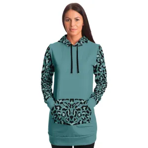 Minty Teal Longline Hoodie Dress With Leopard Print Sleeves, Hood and Pocket