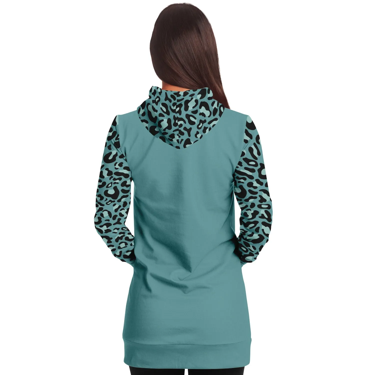 Minty Teal Longline Hoodie Dress With Leopard Print Sleeves, Hood and Pocket