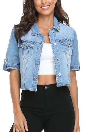 MISS MOLY Cropped Jean Jackets Women Summer Short Sleeve Denim Jackets Blue XL