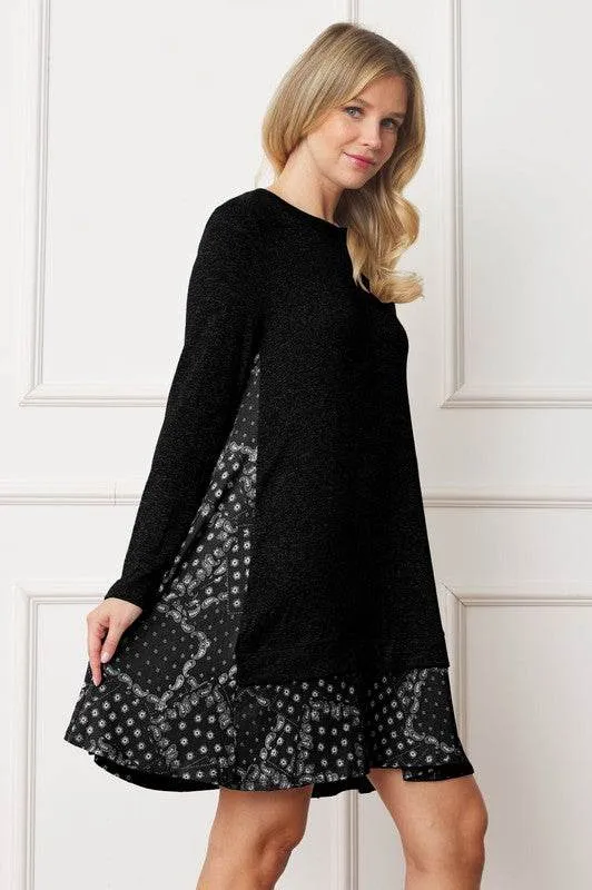 Mock Layered Bandana Paisley Mini Dress-Black
