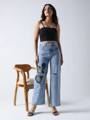 Monarch Butterfly-Non Stretch High-Rise Distressed Denim