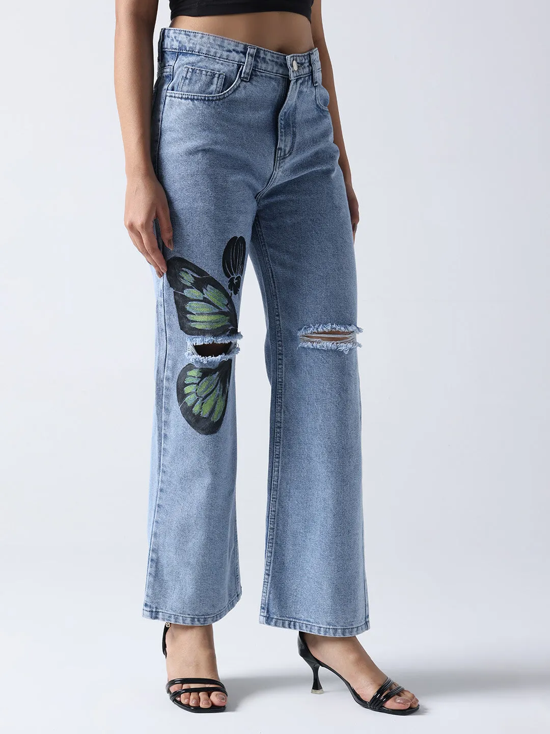 Monarch Butterfly-Non Stretch High-Rise Distressed Denim
