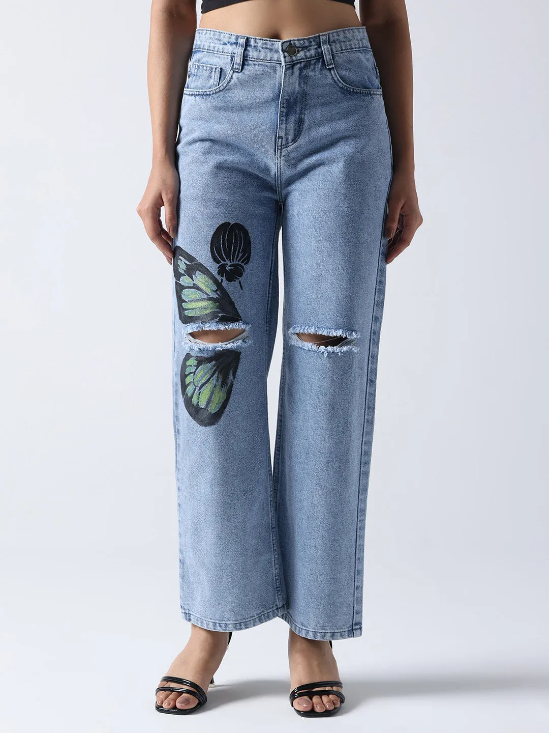 Monarch Butterfly-Non Stretch High-Rise Distressed Denim