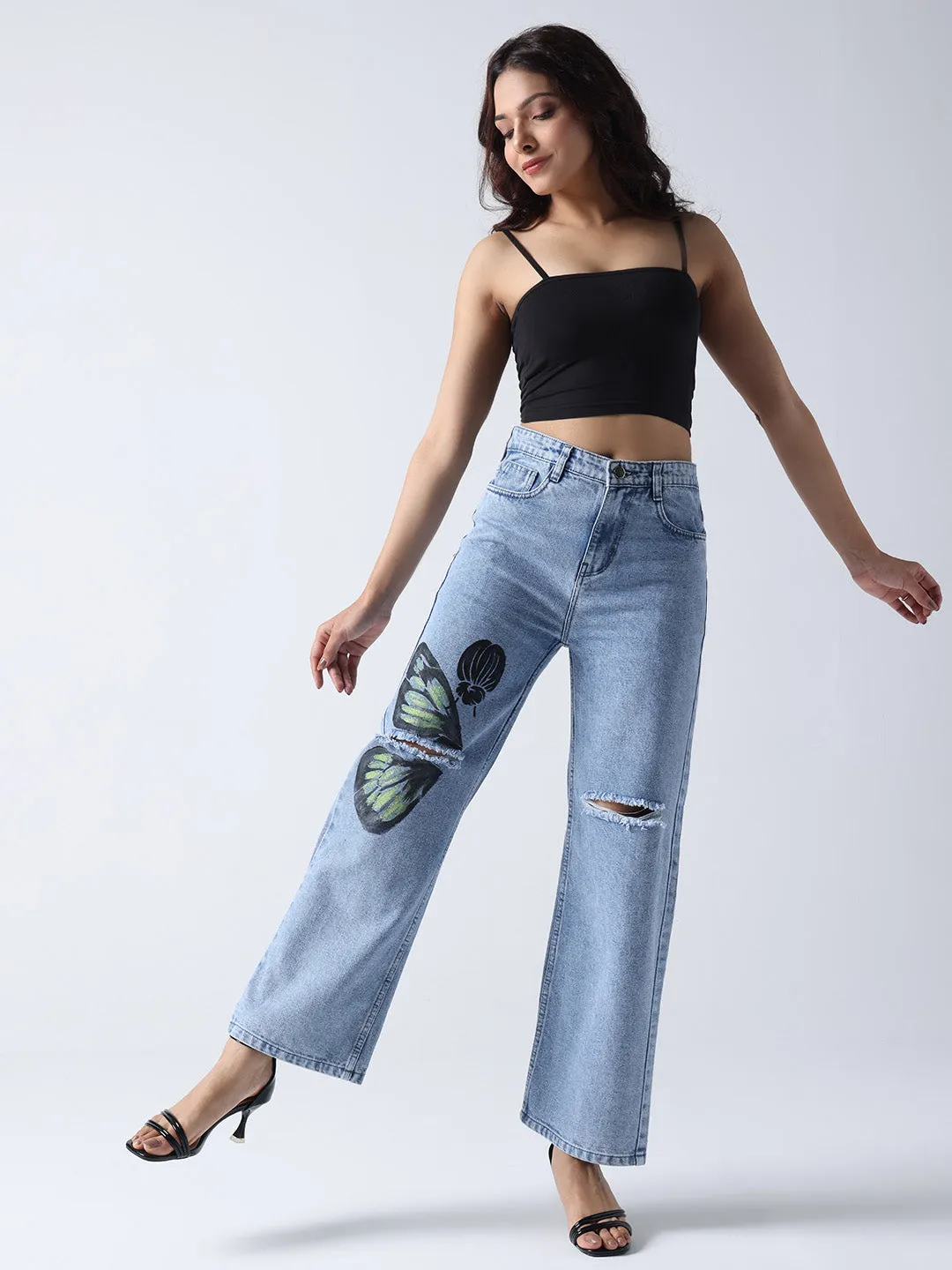 Monarch Butterfly-Non Stretch High-Rise Distressed Denim