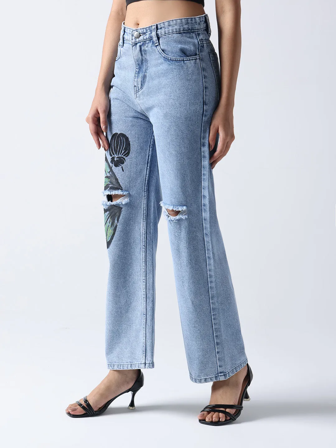 Monarch Butterfly-Non Stretch High-Rise Distressed Denim