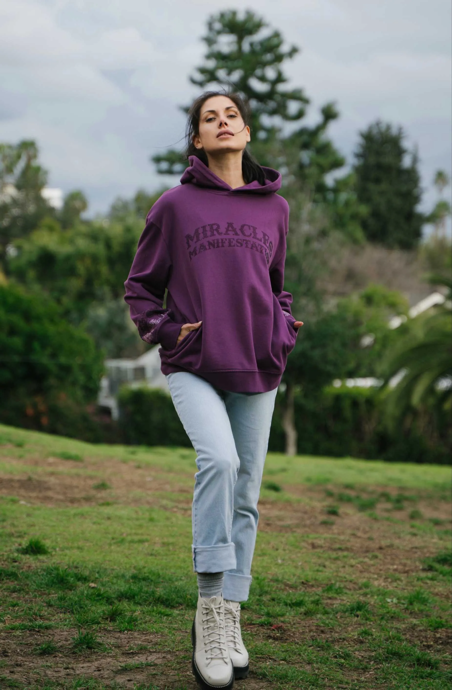 Money Tree Rhinestone Affirmation Hoodie - Purple
