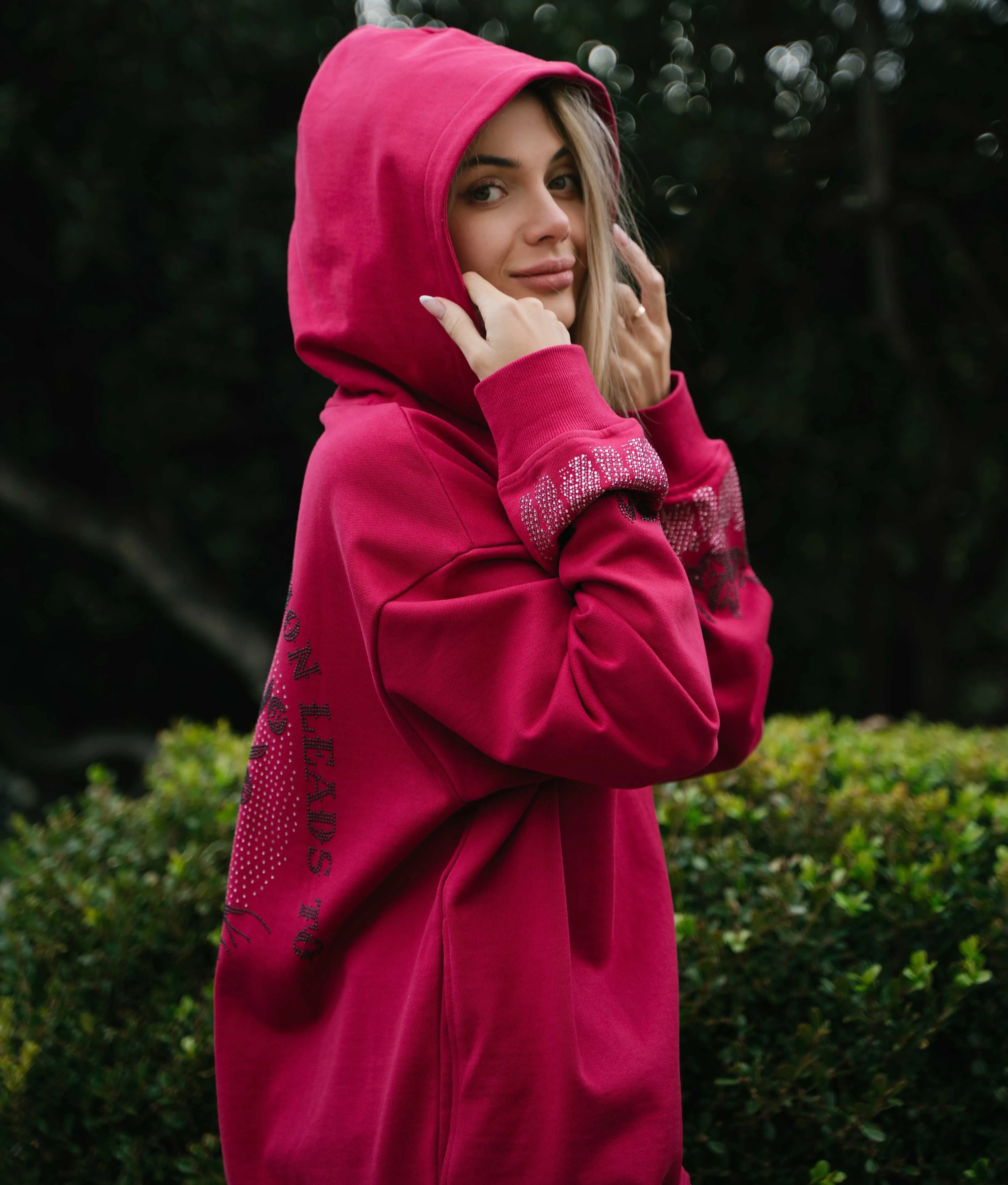 Money Tree Rhinestone Affirmation Hoodie - Raspberry