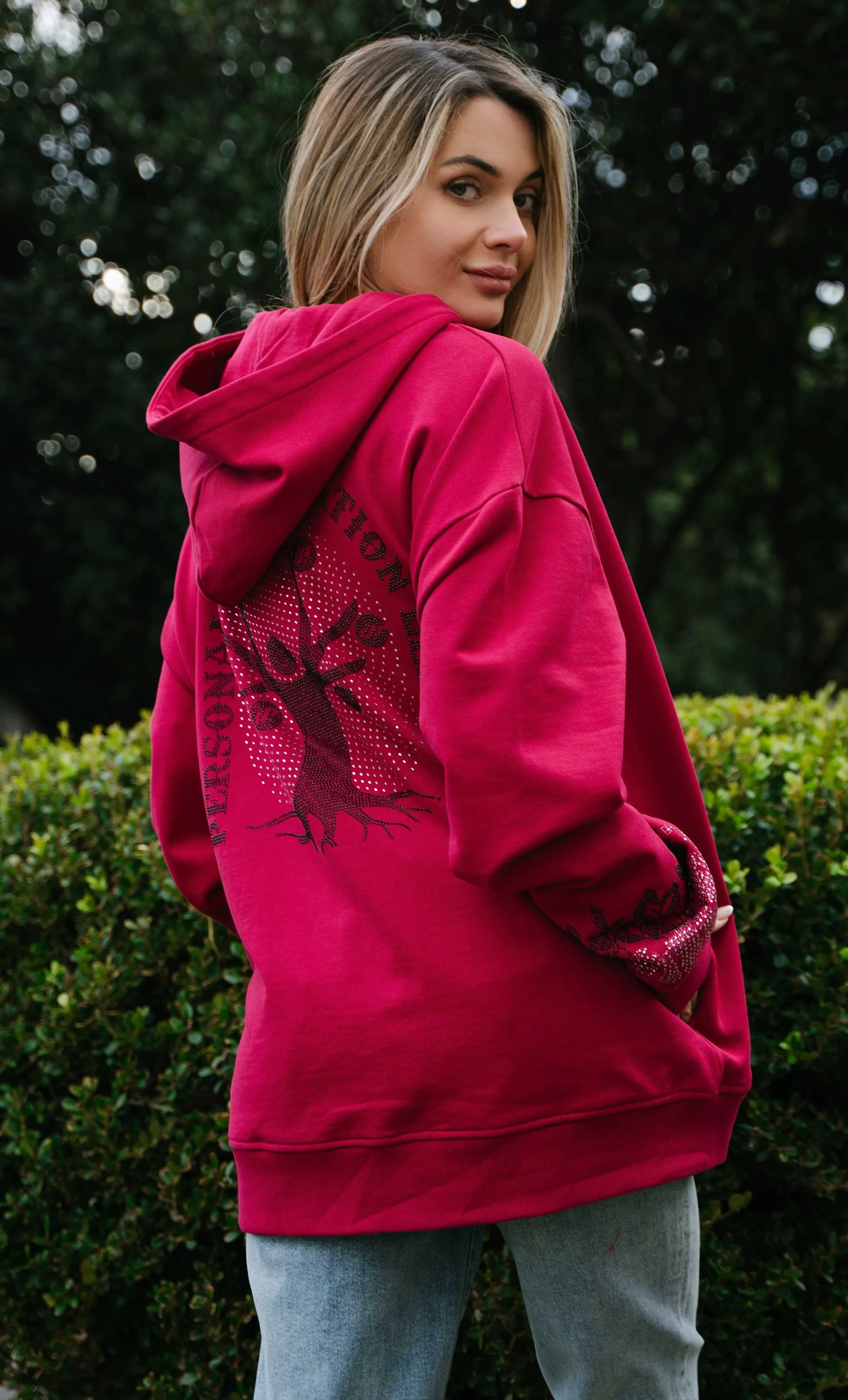 Money Tree Rhinestone Affirmation Hoodie - Raspberry