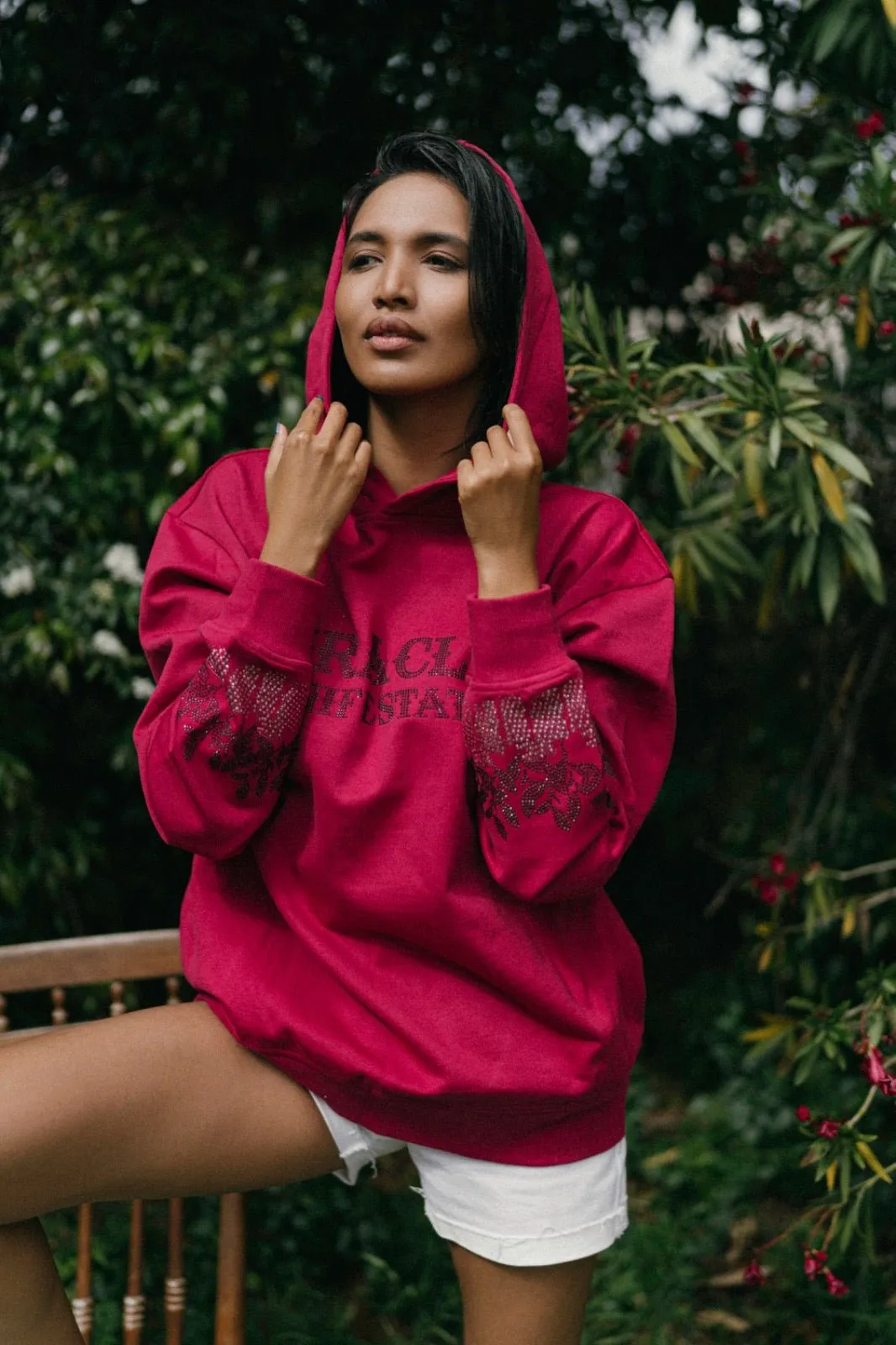Money Tree Rhinestone Affirmation Hoodie - Raspberry