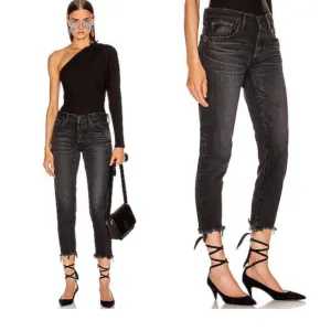 Moussy Vintage Black Staley Mid Rise Tapered Distressed Frayed Hem Jeans