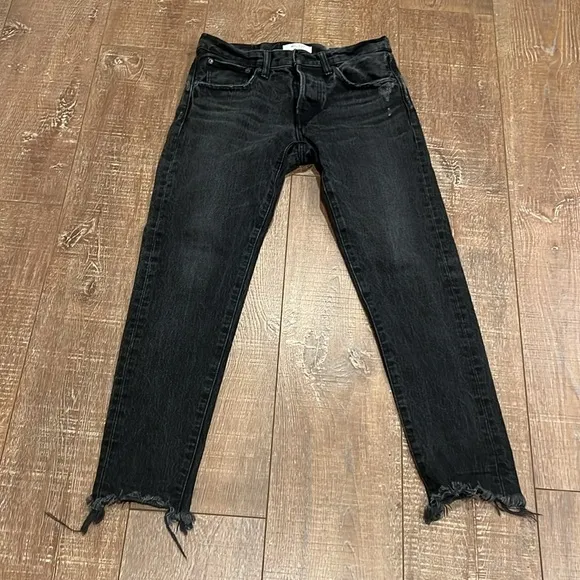 Moussy Vintage Black Staley Mid Rise Tapered Distressed Frayed Hem Jeans