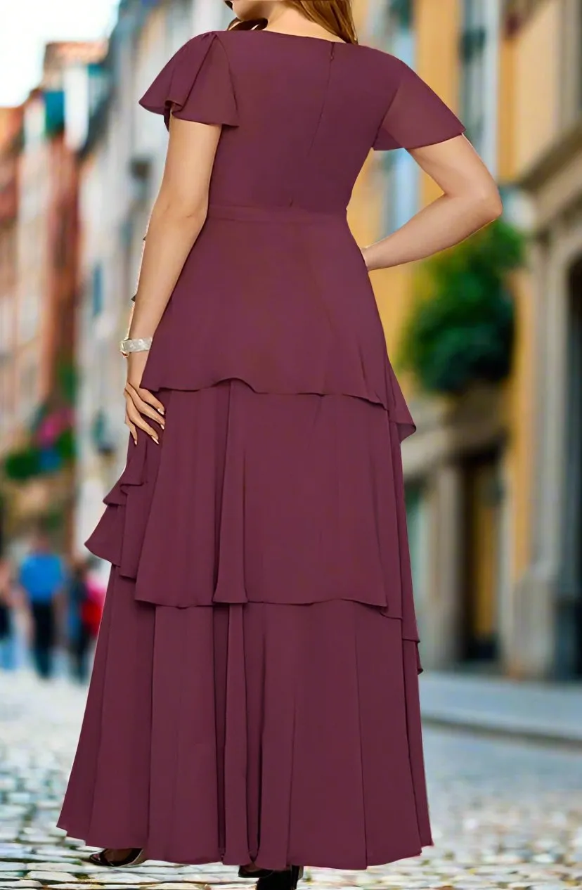 Mulberry Chiffon Layers A-Line V-Neck Long Mother of The Bride Dresses