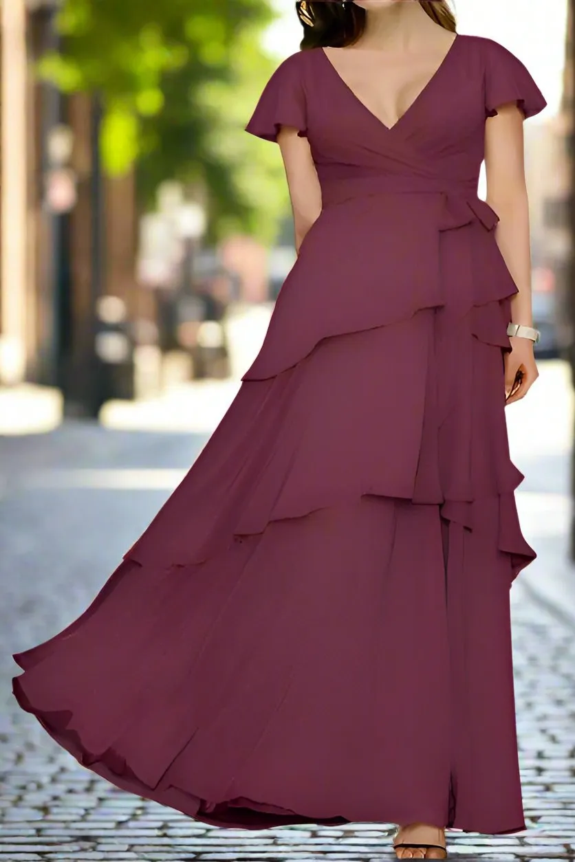 Mulberry Chiffon Layers A-Line V-Neck Long Mother of The Bride Dresses