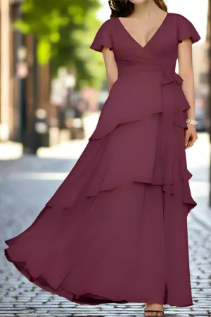Mulberry Chiffon Layers A-Line V-Neck Long Mother of The Bride Dresses
