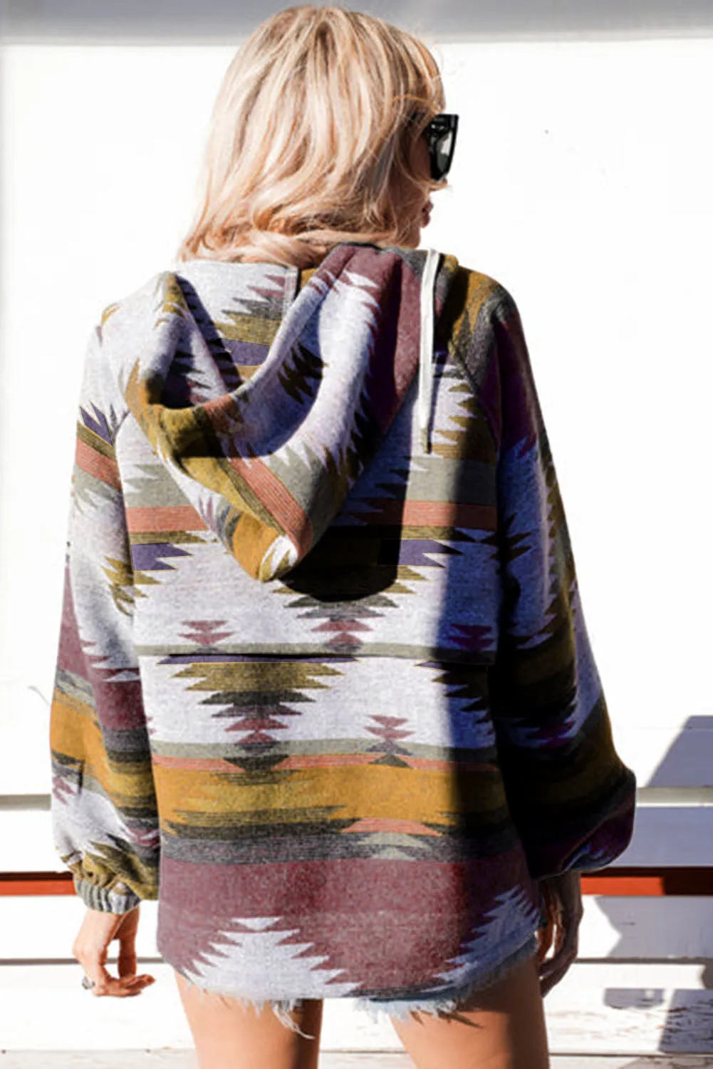Multicolour Aztec Print Zipped Split Neck Hoodie