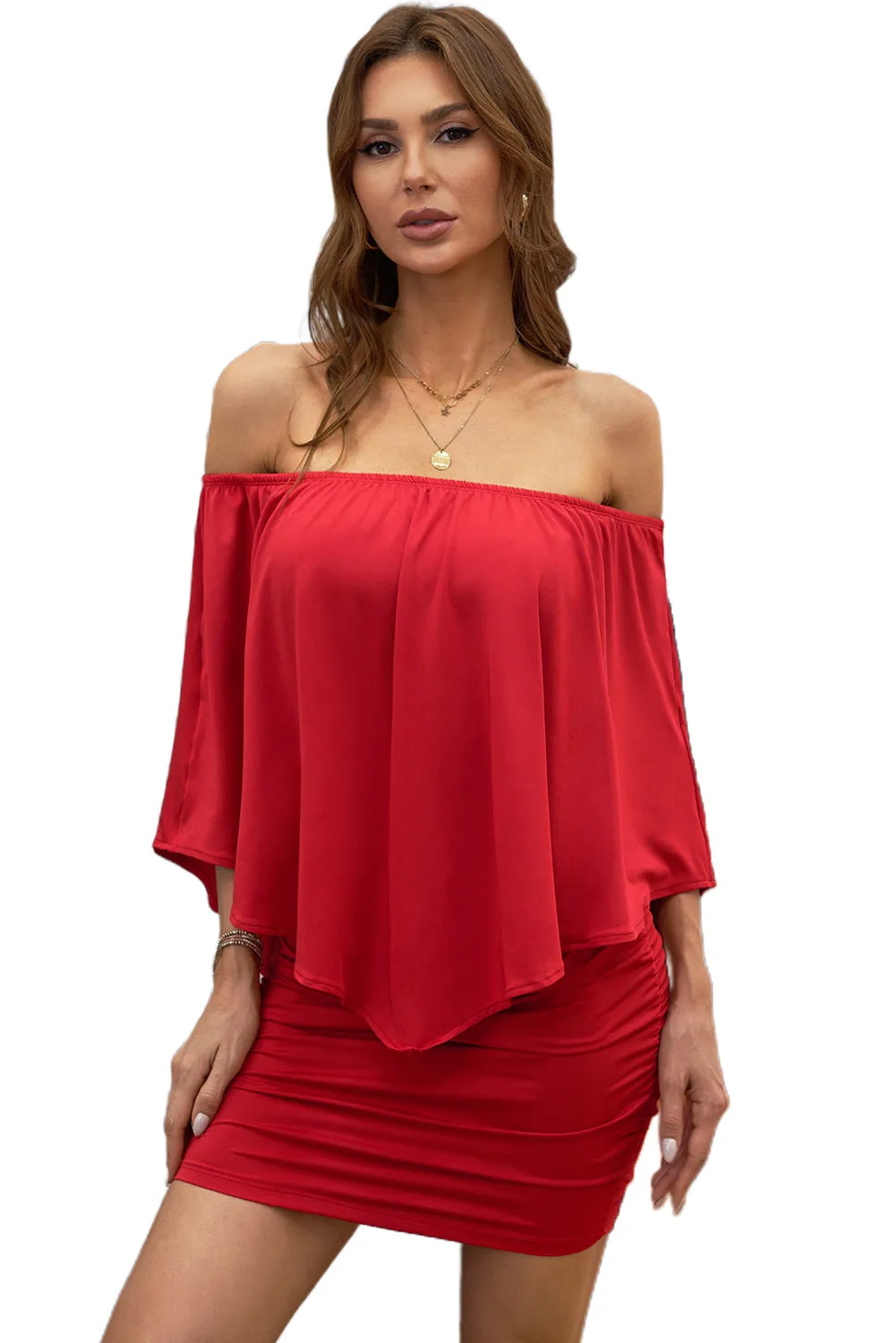 Multiple Dressing Layered Red Mini Poncho Dress