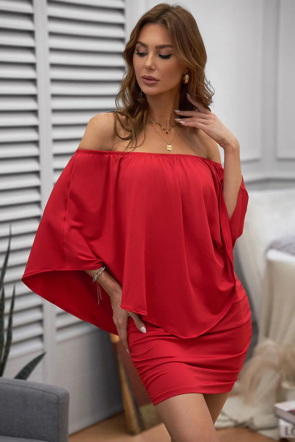 Multiple Dressing Layered Red Mini Poncho Dress
