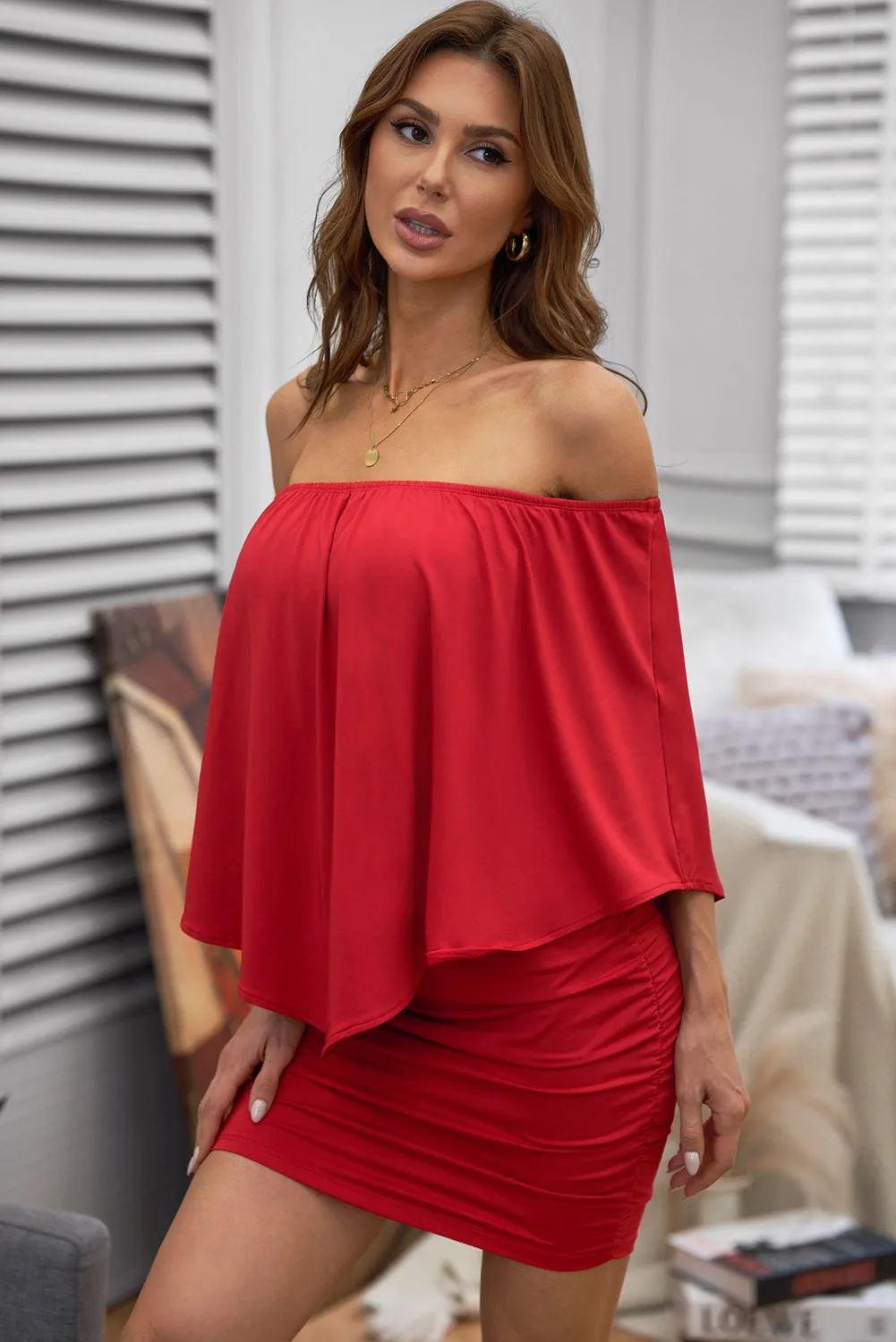Multiple Dressing Layered Red Mini Poncho Dress