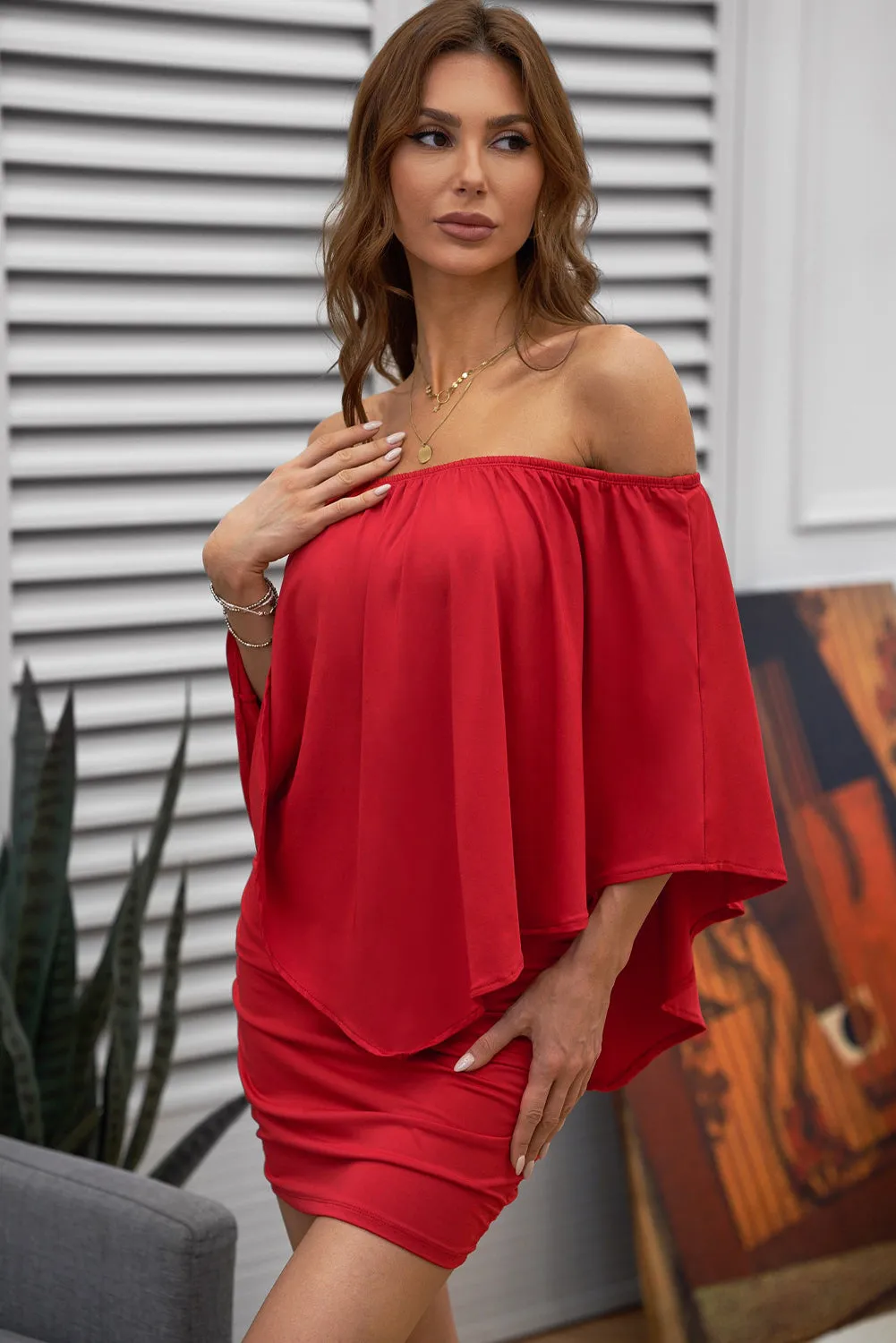 Multiple Dressing Layered Red Mini Poncho Dress