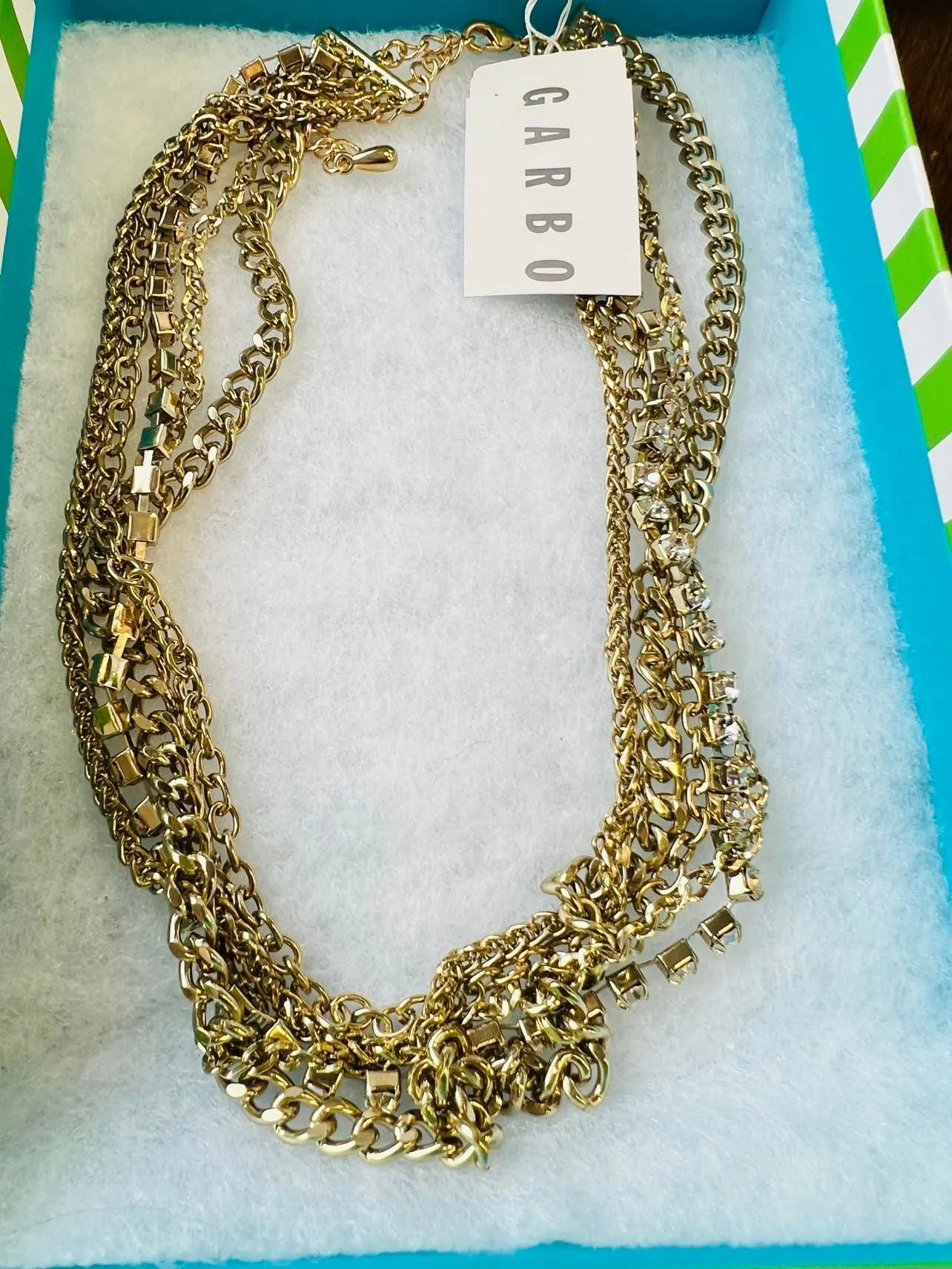 New Beautiful Gold Tone layered Rhinestone necklace, includes Gift Box!