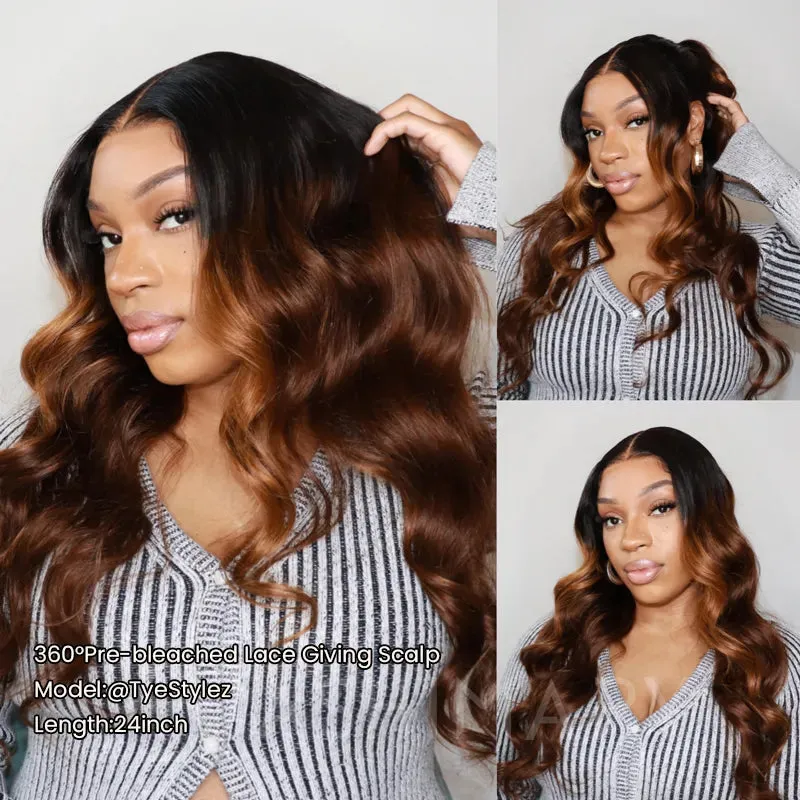 New Black Ombre Brown Highlight 3D Body Wave 360 Lace with Invisi Strap Pre Bleached & Plucked Wig