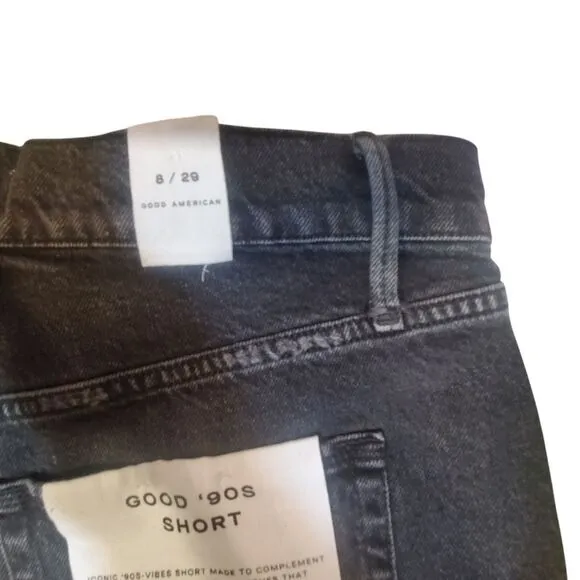 NEW Good American GOOD '90S SHORT Women's 8/29 Raw Hem Black Denim Cotton