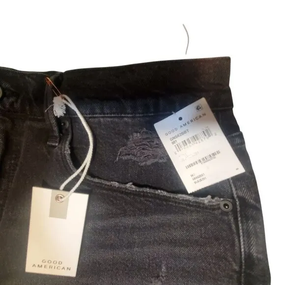 NEW Good American GOOD '90S SHORT Women's 8/29 Raw Hem Black Denim Cotton