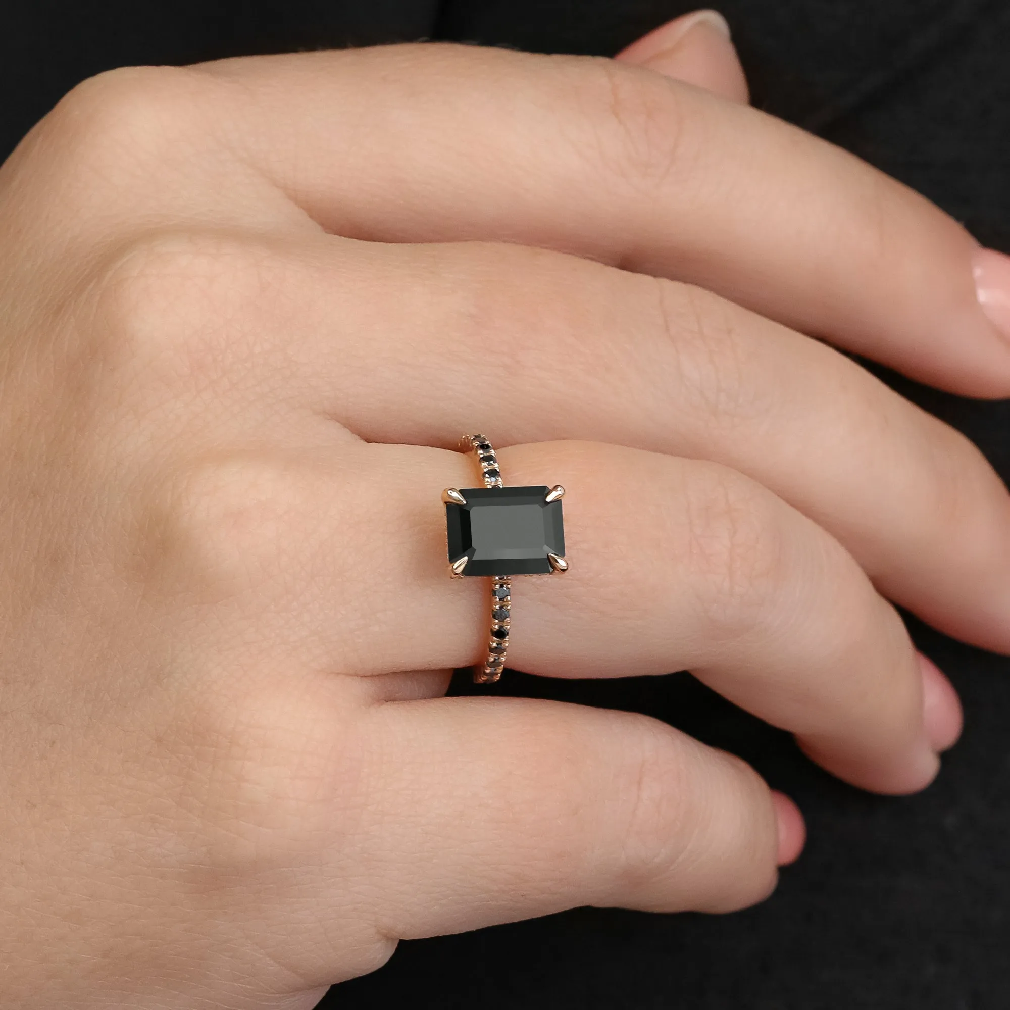 Noir Mystique Unique Natural Black Diamond Emerald Cut Engagement Ring In Rose Gold