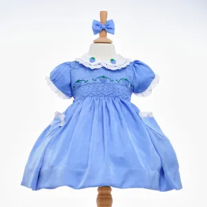 Ocean Baby Girls Smocked Petticoat Layered Dress - Blue Satin Strawberry (6M-5Yrs)