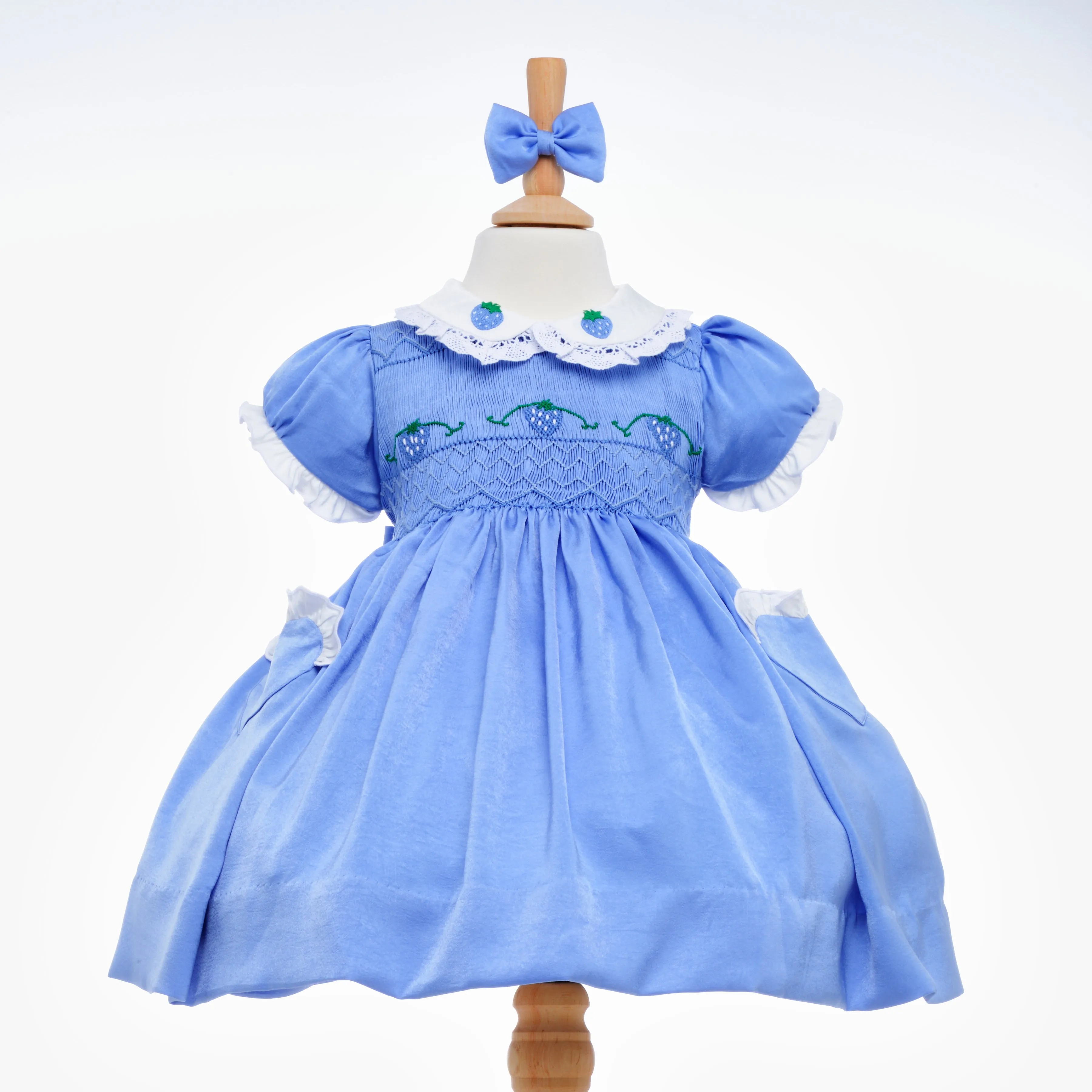 Ocean Baby Girls Smocked Petticoat Layered Dress - Blue Satin Strawberry (6M-5Yrs)