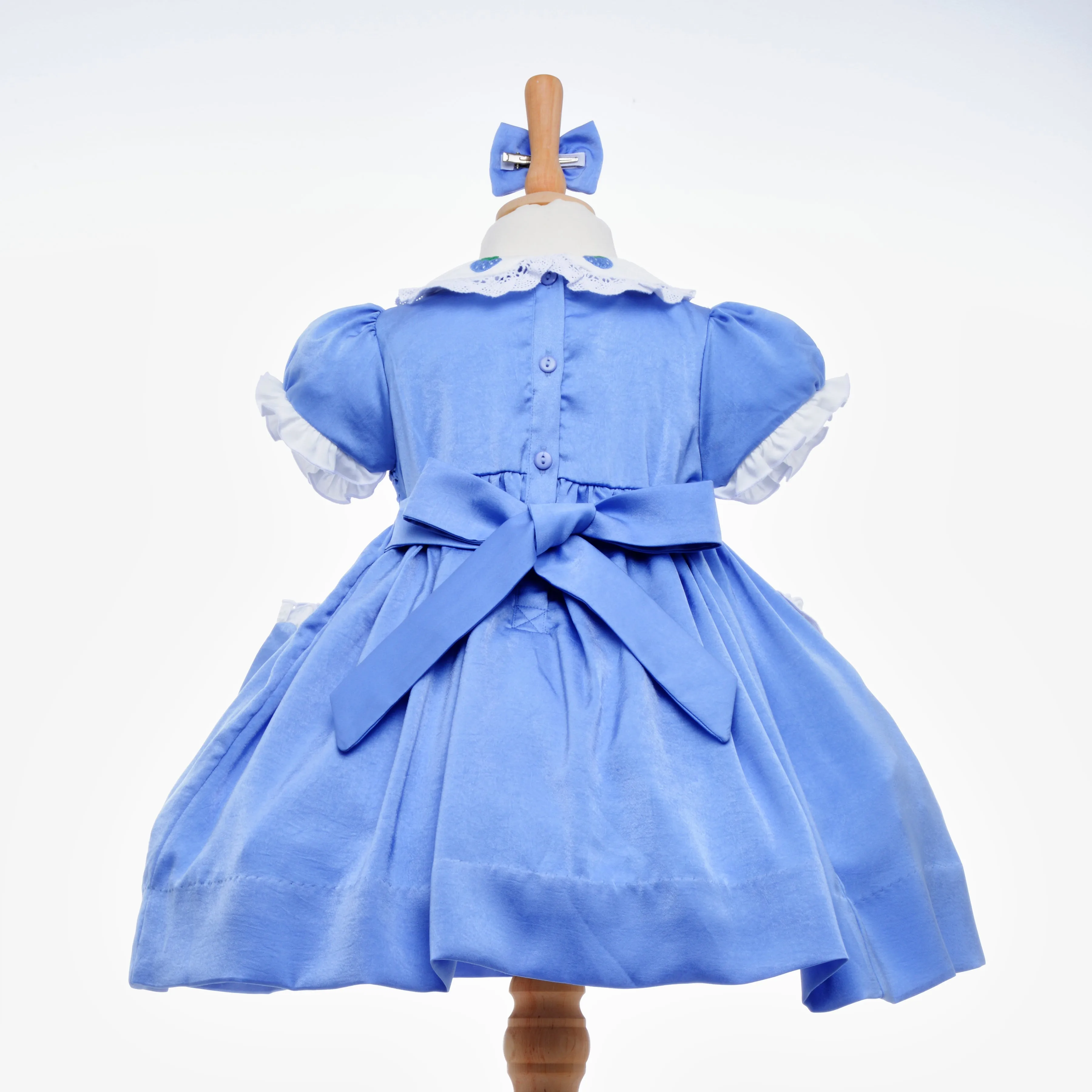 Ocean Baby Girls Smocked Petticoat Layered Dress - Blue Satin Strawberry (6M-5Yrs)