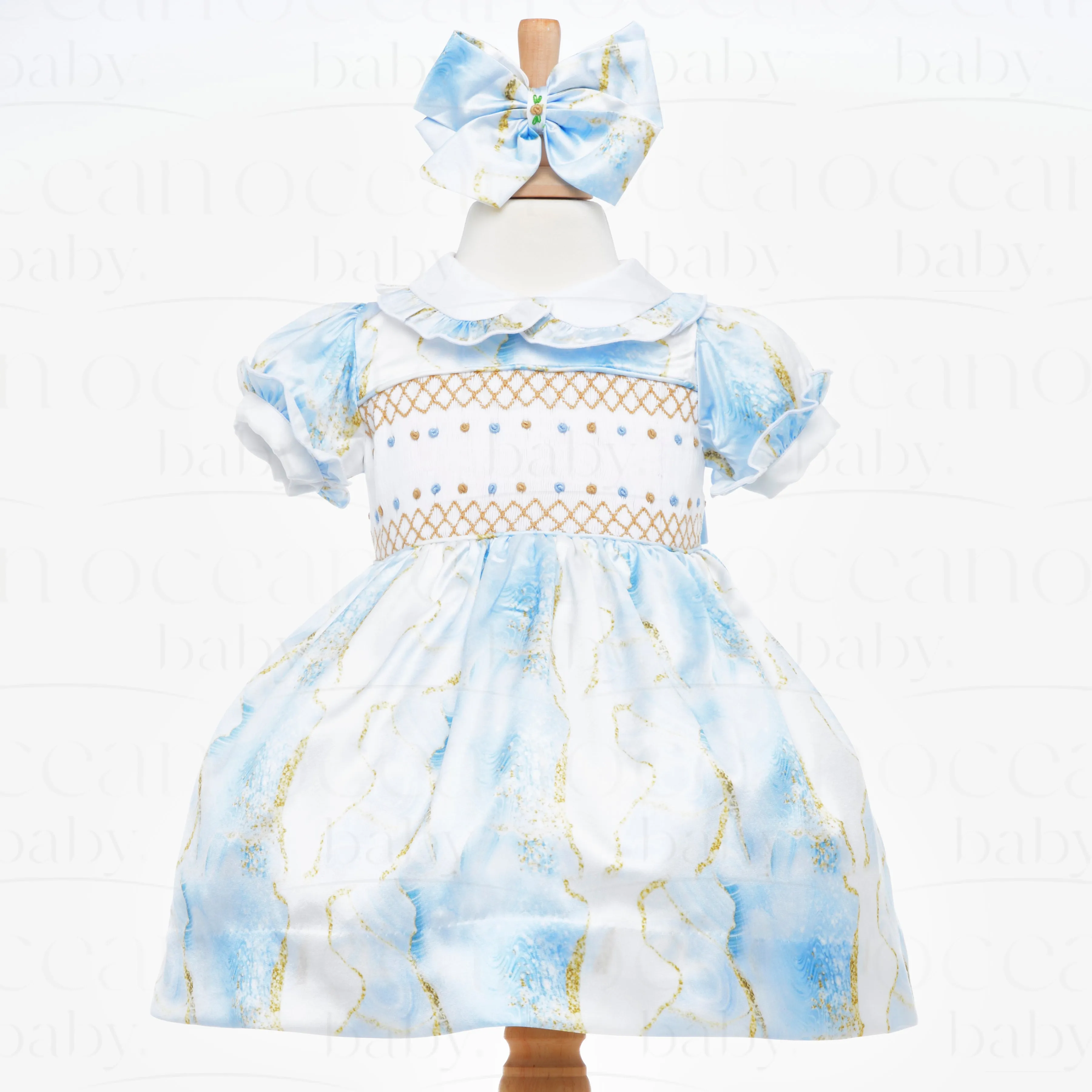 Ocean Baby Girls Topaz Marble Satin Smocked Petticoat Layered Dress (NB-8Yrs)
