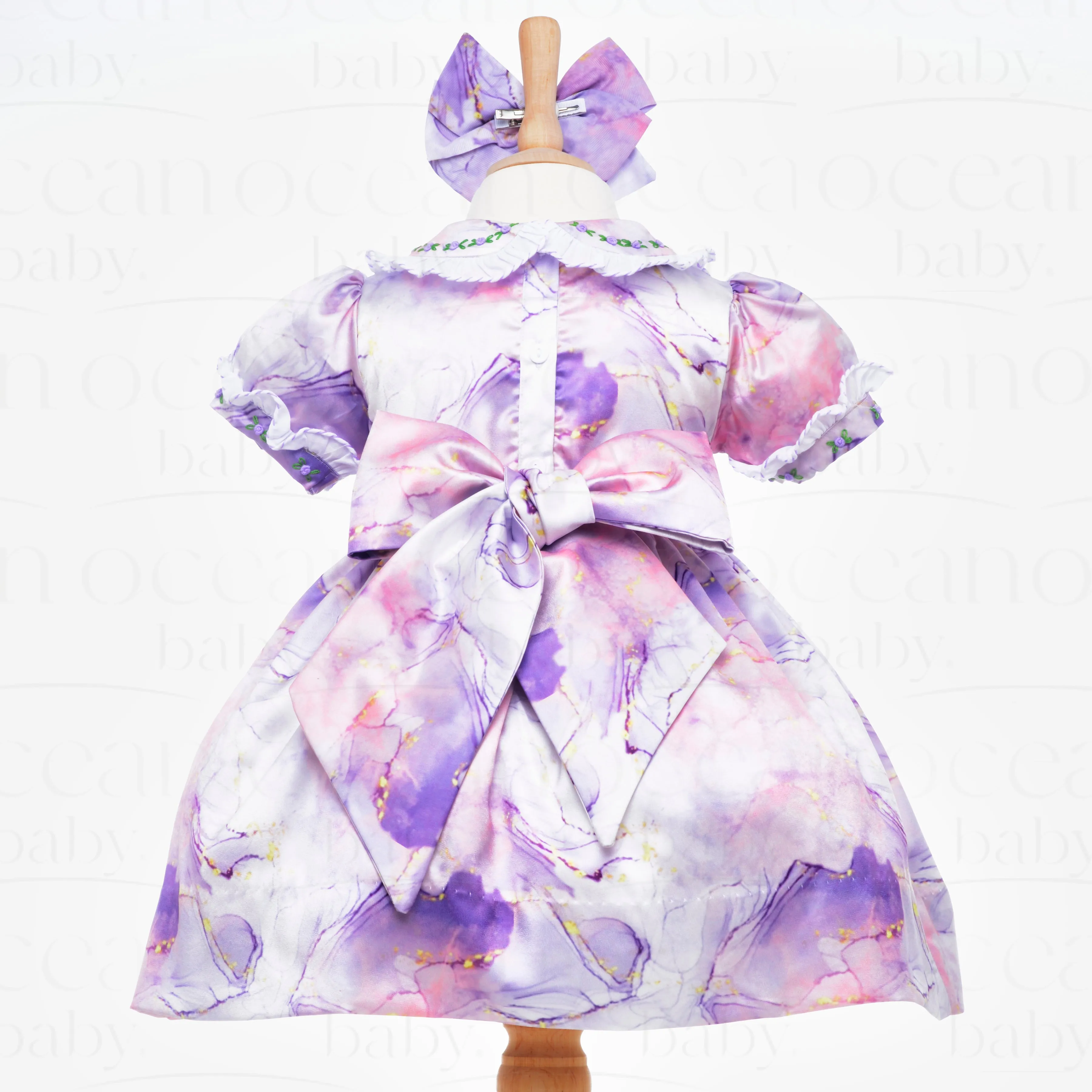 Ocean Baby Girls Violet Marble Satin Smocked Petticoat Layered Dress (NB-8Yrs)