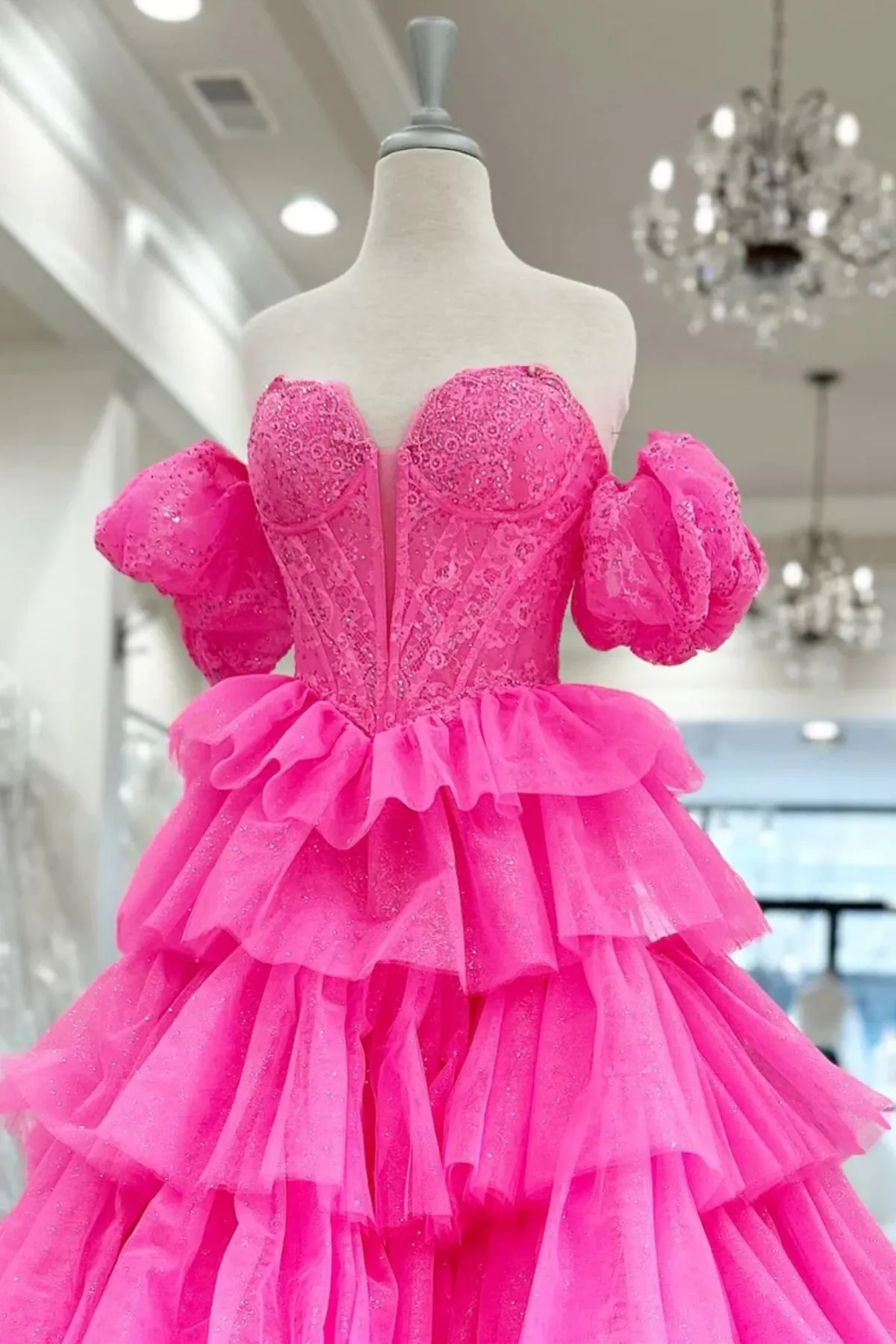 Off Shoulder Fluffy Layered Hot Pink Lace Long Prom Dress, Hot Pink Lace Formal Dress, Hot Pink Evening Dress A2058