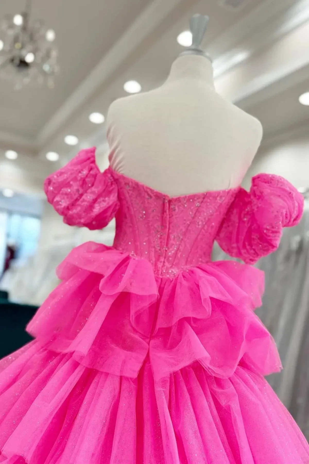 Off Shoulder Fluffy Layered Hot Pink Lace Long Prom Dress, Hot Pink Lace Formal Dress, Hot Pink Evening Dress A2058