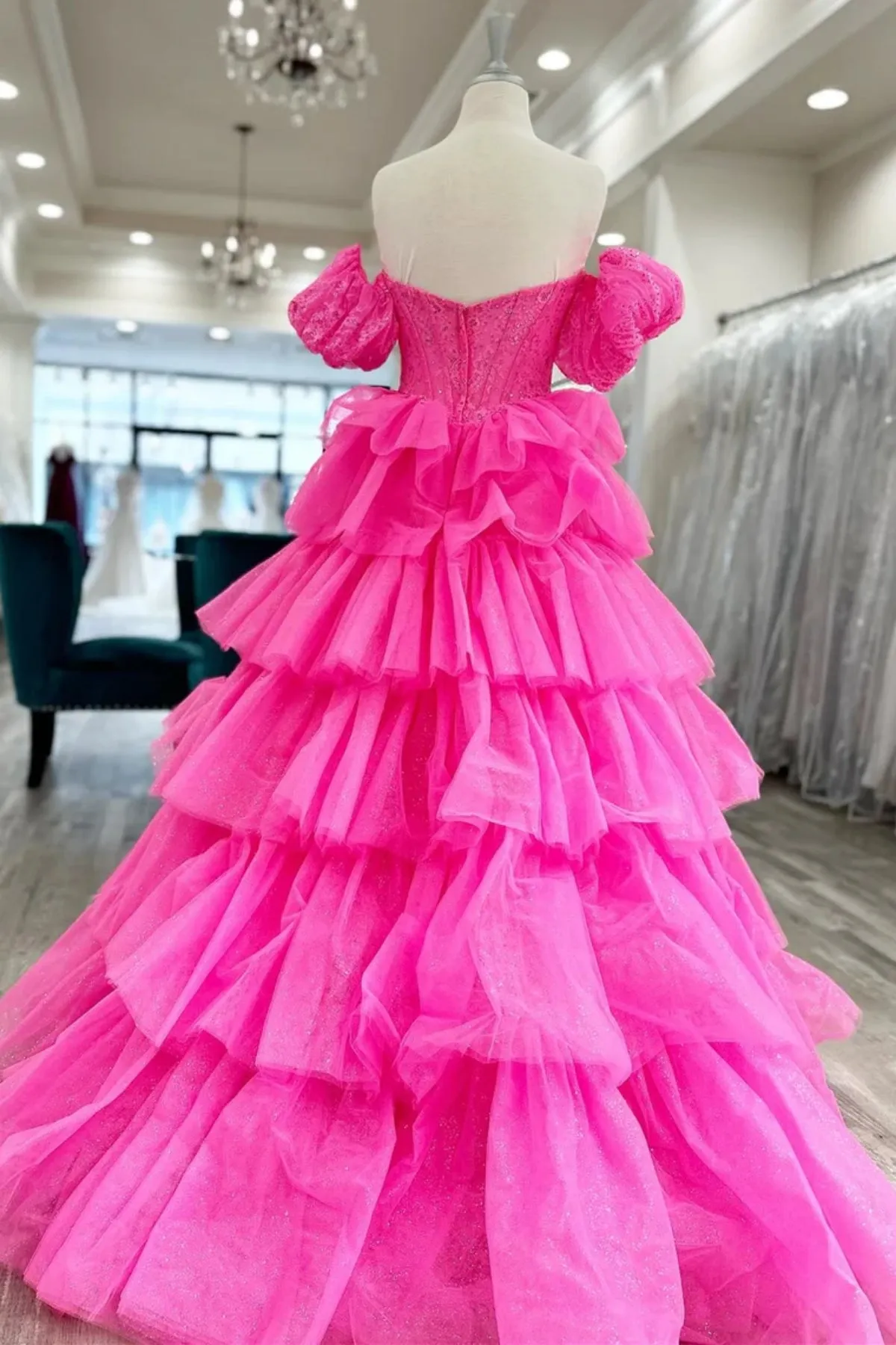 Off Shoulder Fluffy Layered Hot Pink Lace Long Prom Dress, Hot Pink Lace Formal Dress, Hot Pink Evening Dress A2058