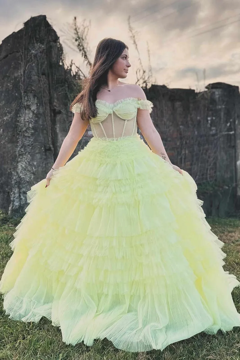 Off the Shoulder Light Ruffle Layered Prom Dresses