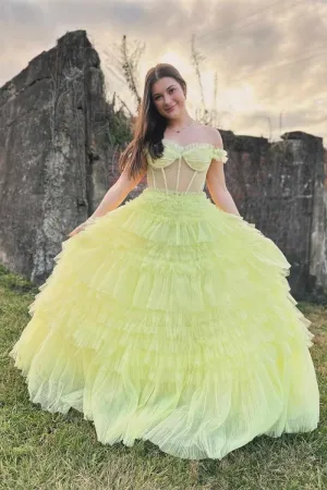 Off the Shoulder Light Ruffle Layered Prom Dresses