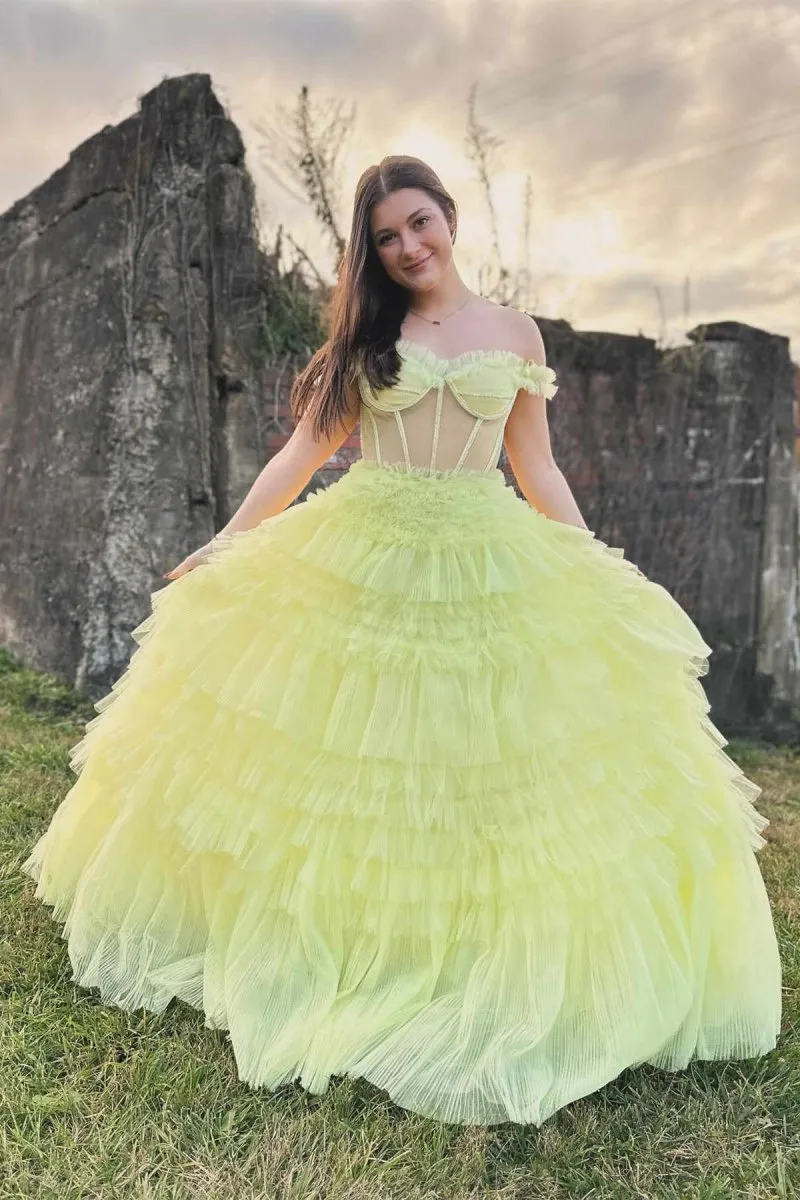 Off the Shoulder Light Ruffle Layered Prom Dresses