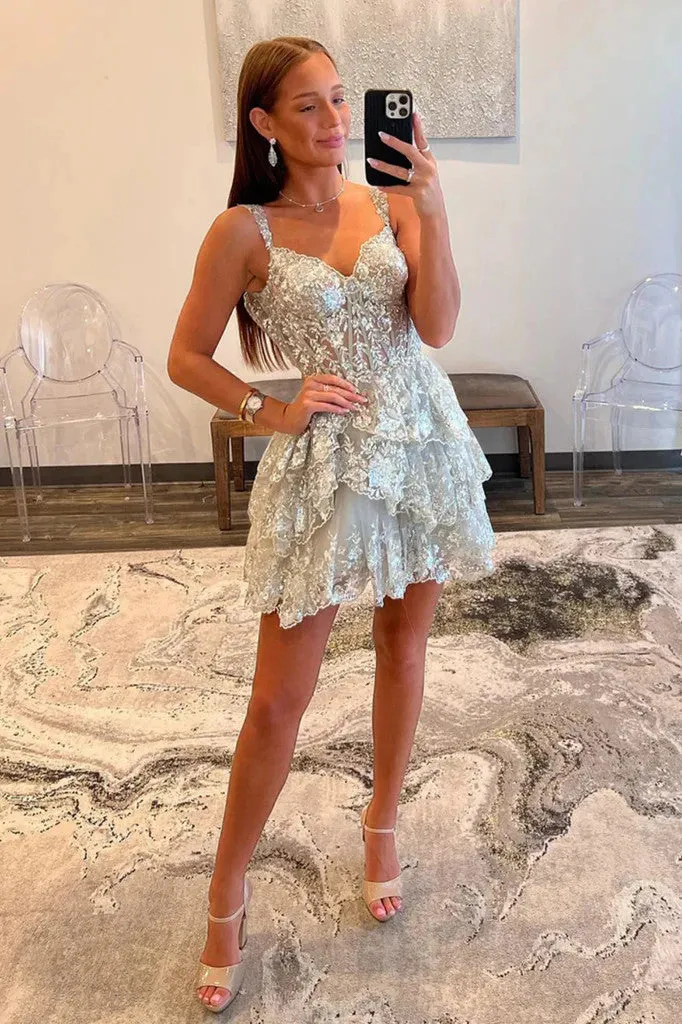 Off the Shoulder Silver Lace Short Prom Dresses, Fashion Silver Lace Layered Formal Evening Homecoming Dresses