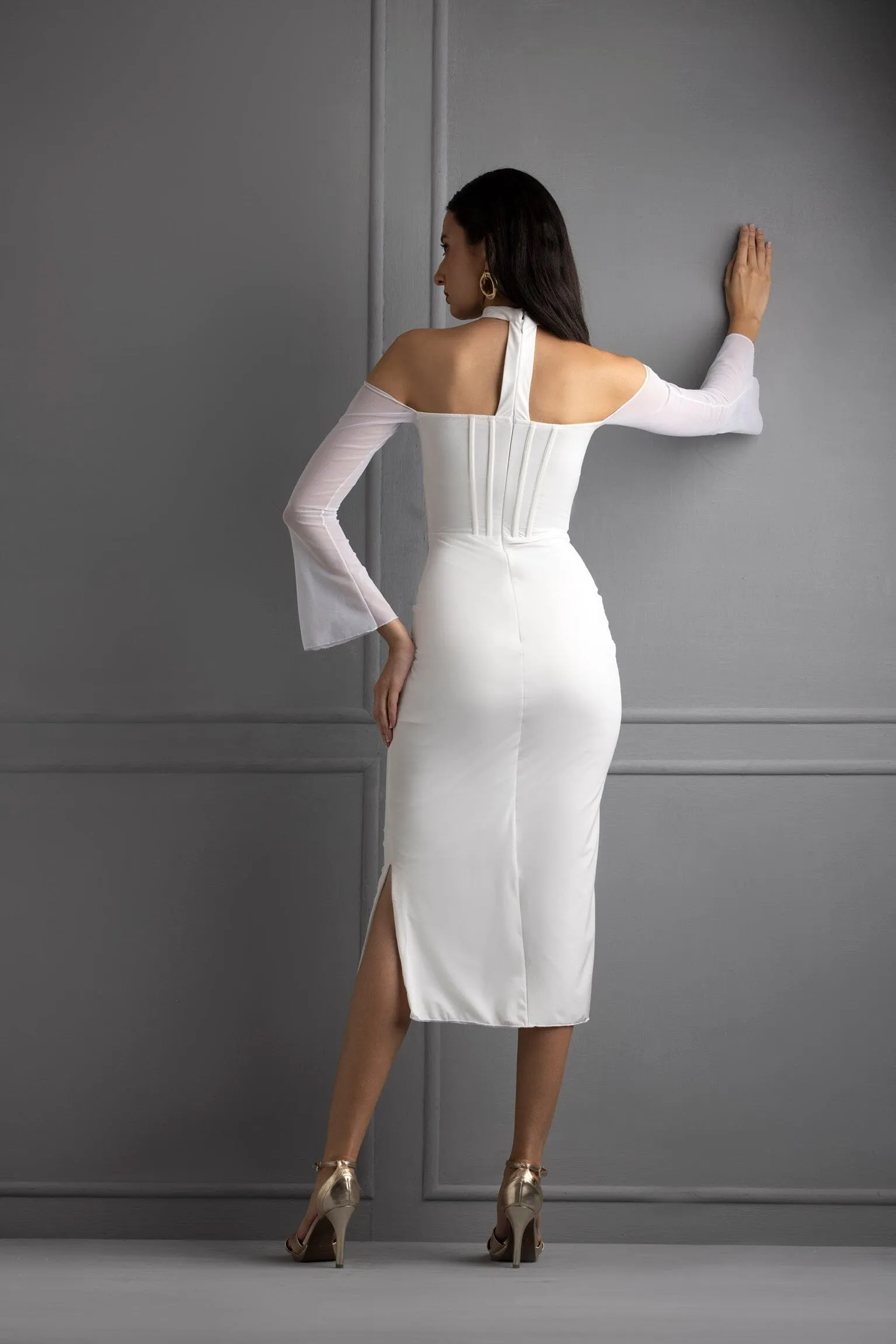 ON YOUR MIND - white mesh corset bodycon midi dress