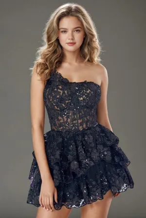 One Shoulder Black Sequins Appliques Layered Homecoming Dresses