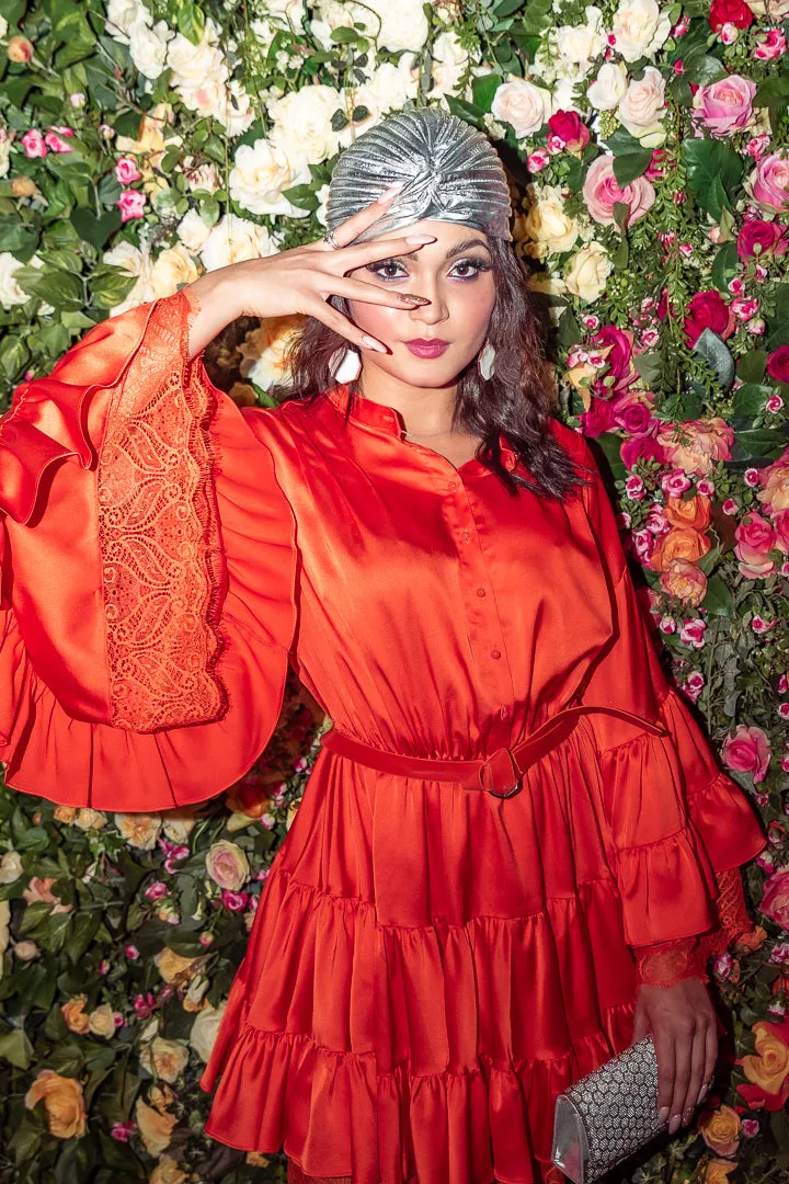 Orange Layered Satin & Lace Dress