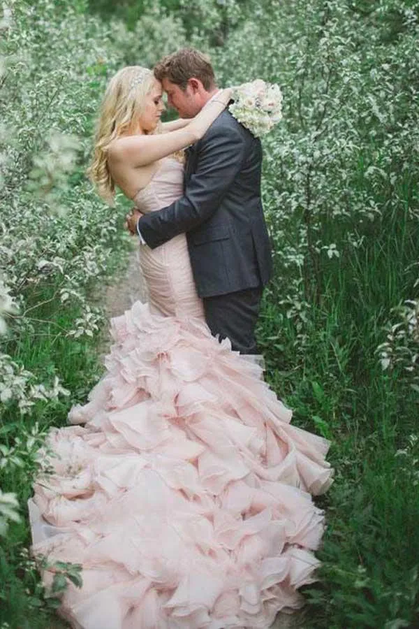 Organza Mermaid Sweetheart Beaded Wedding Dresses With Tiered Train, SW498
