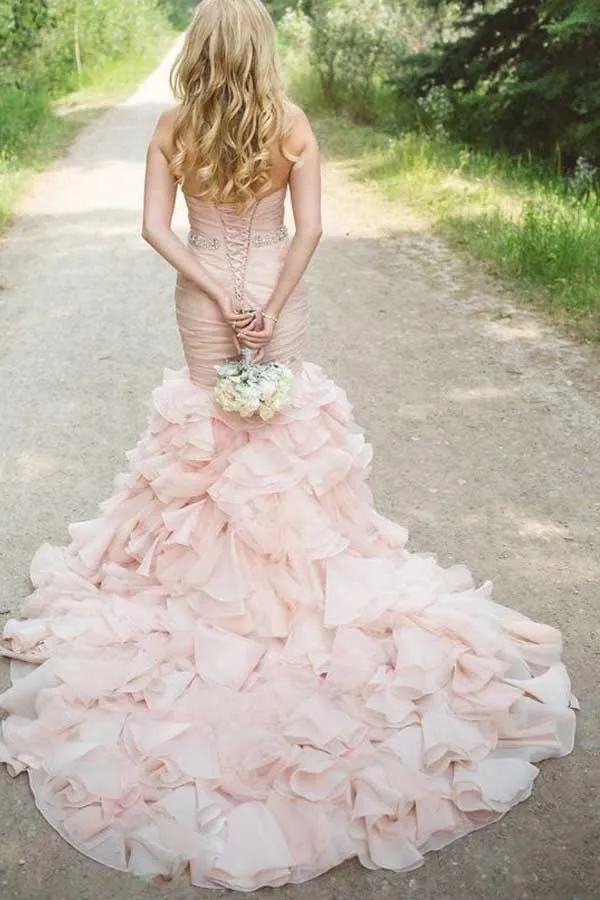 Organza Mermaid Sweetheart Beaded Wedding Dresses With Tiered Train, SW498