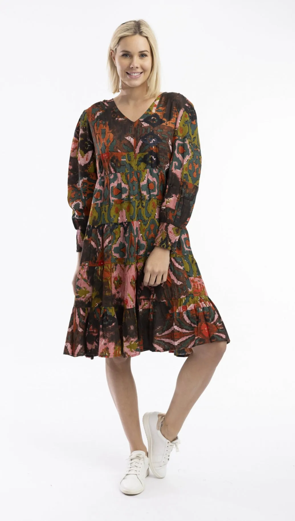 Orientique Diamonds V Neck Layered Print Dress 31033