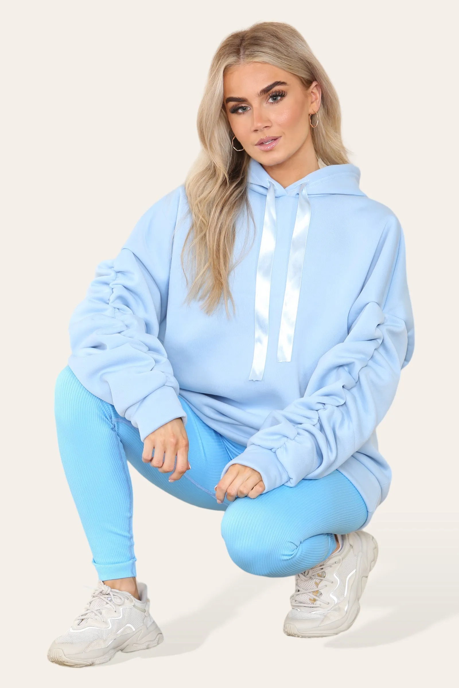 Oversized Ruched Sleeves Hoodie With Satin Ribbon with High Waist High Rise Seamless Ribbed Legging Set
