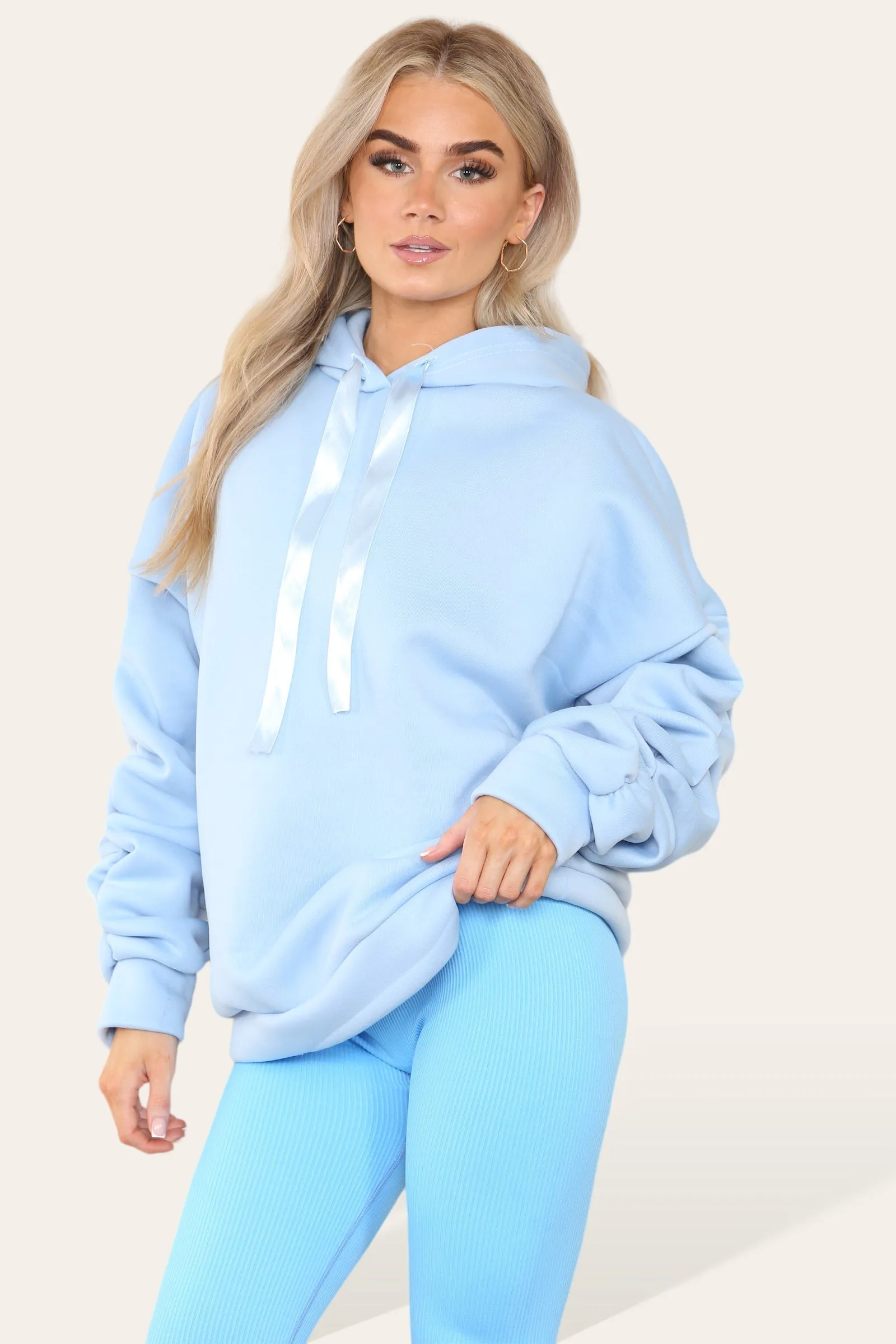 Oversized Ruched Sleeves Hoodie With Satin Ribbon with High Waist High Rise Seamless Ribbed Legging Set