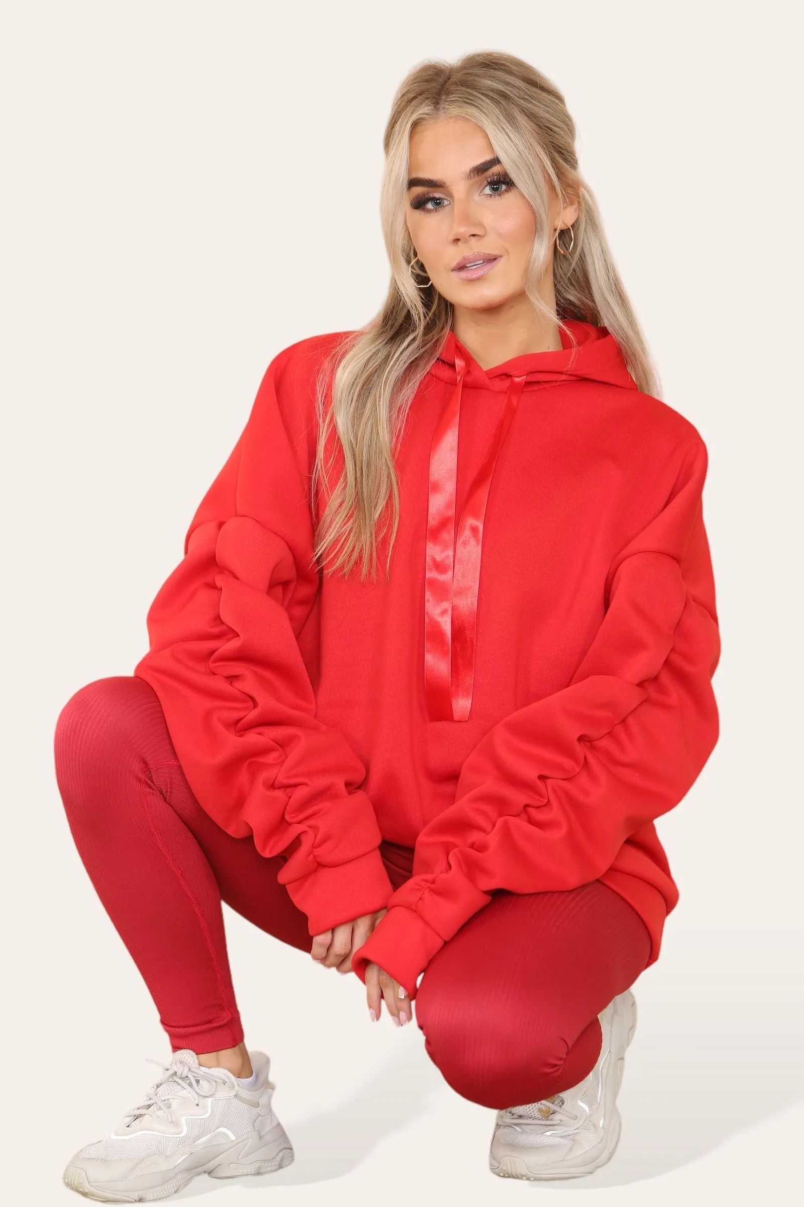 Oversized Ruched Sleeves Hoodie With Satin Ribbon with High Waist High Rise Seamless Ribbed Legging Set