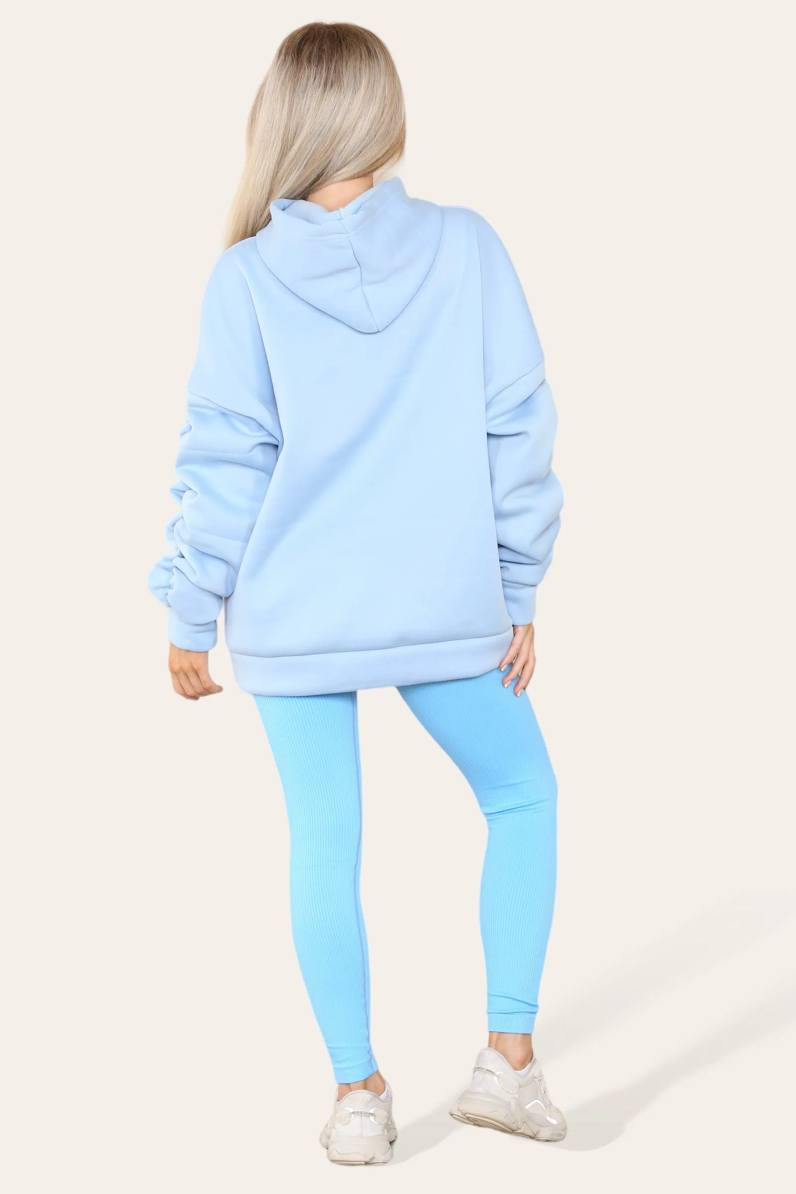Oversized Ruched Sleeves Hoodie With Satin Ribbon with High Waist High Rise Seamless Ribbed Legging Set